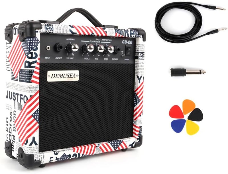 demusea 20W Watt Electric Bass Guitar Amplifier Portable Travel Mini Practic Amp Headphone Jack Aux Treble Middle Bass Flag Mp3 with Cable Adapter Guitar Picks in - Image 1